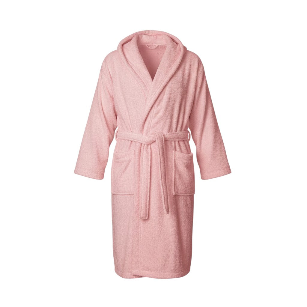NFK TEXTILE pink hooded 100% Egyptian cotton terry toweling unisex bathrobe with pockets and self-tie belt.