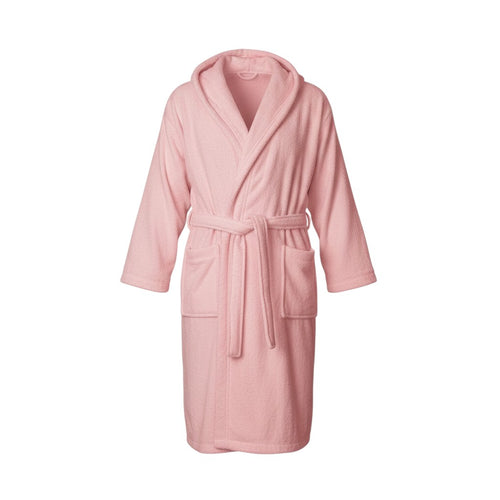 NFK TEXTILE pink hooded 100% Egyptian cotton terry toweling unisex bathrobe with pockets and self-tie belt.